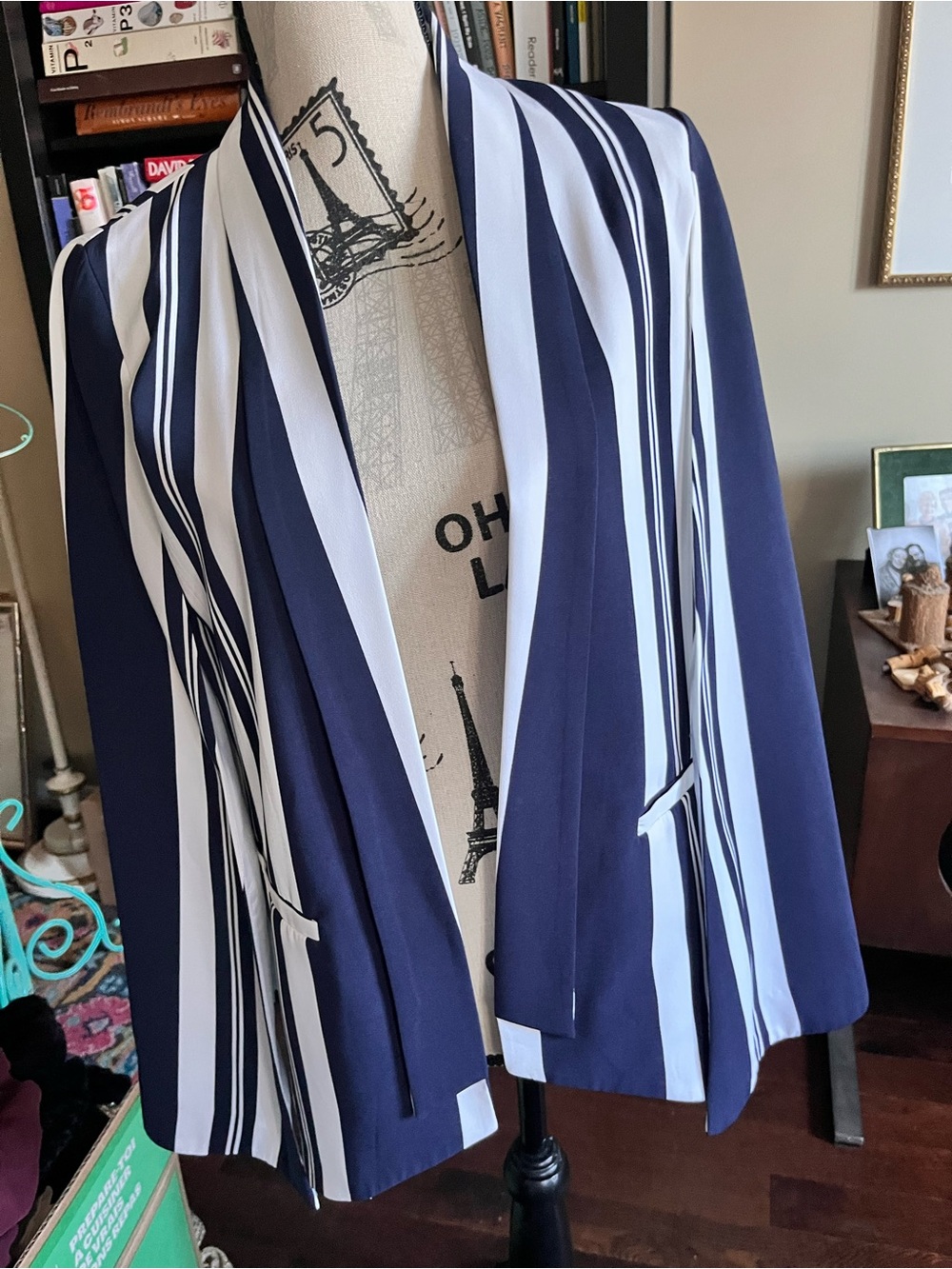 Mural Striped Navy and White Open-Front Blazer Jacket/Cape